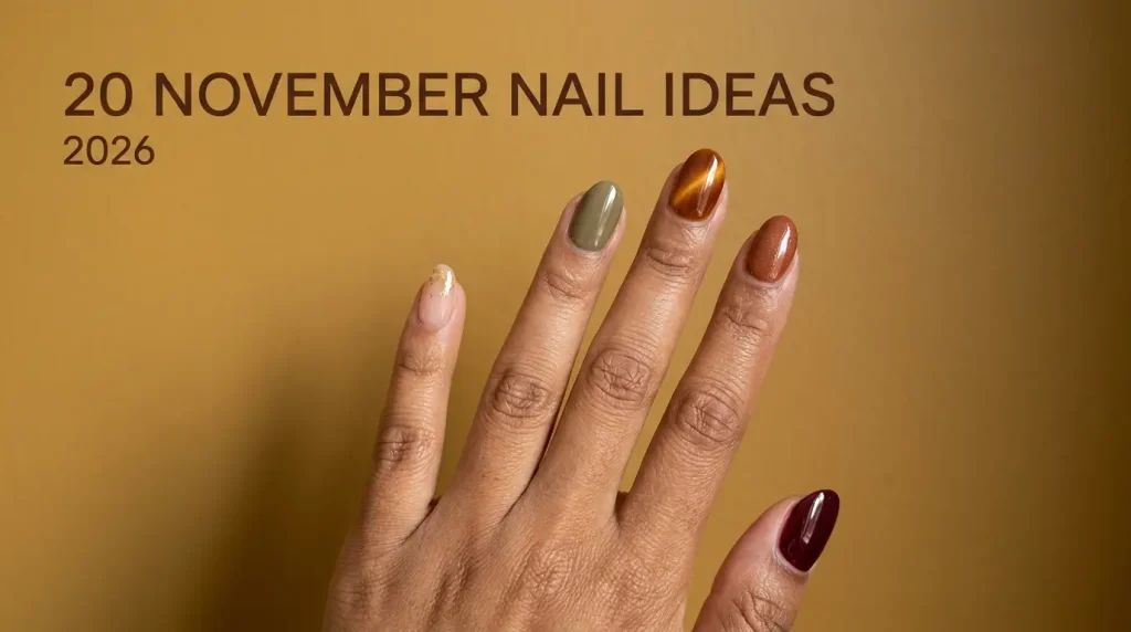 20 November Nail Ideas for 2026, From Cinnamon to Cabernet 16 November nail ideas 2026 cover, short almond nails in cabernet, cinnamon, amber cat eye, olive and gold foil against a mustard wall