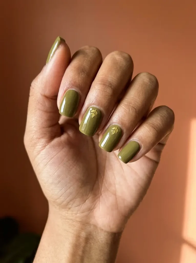 Short squoval glossy olive nails with tiny gold leaf accents on two nails on a medium-deep skin tone