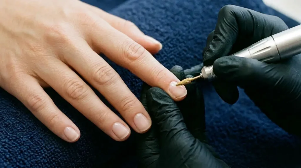 Gloved nail technician holding an e-file with a small flame bit near the cuticle area of a client's nail