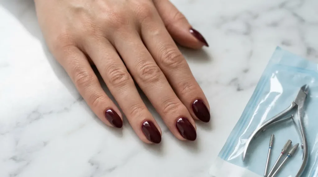 Hand with a burgundy Russian manicure beside a sealed sterilisation pouch holding cuticle nippers and e-file bits