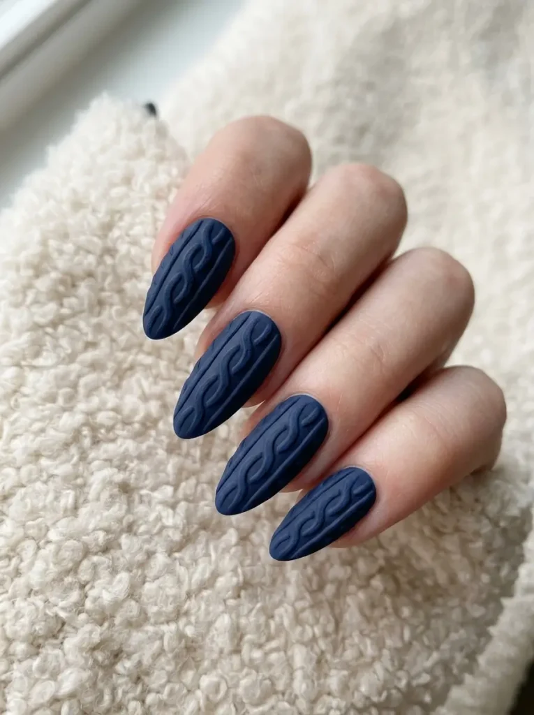 Almond shaped sweater nails with a vertical cable running the length of each nail