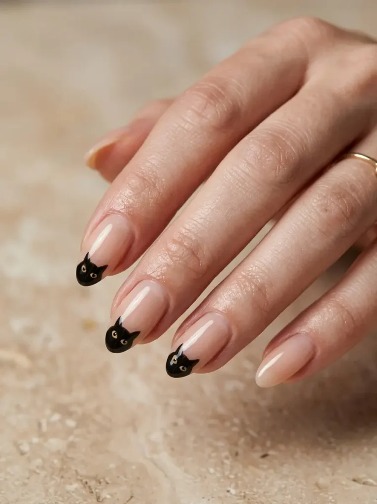 Nude almond nails with black cats peeking over the tips, ears and yellow eyes showing, on a fair skin tone
