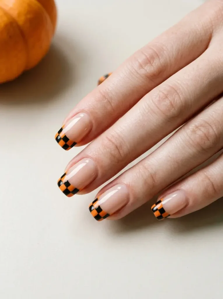 Squoval nails with black and orange checkerboard French tips on a nude base, on a fair skin tone