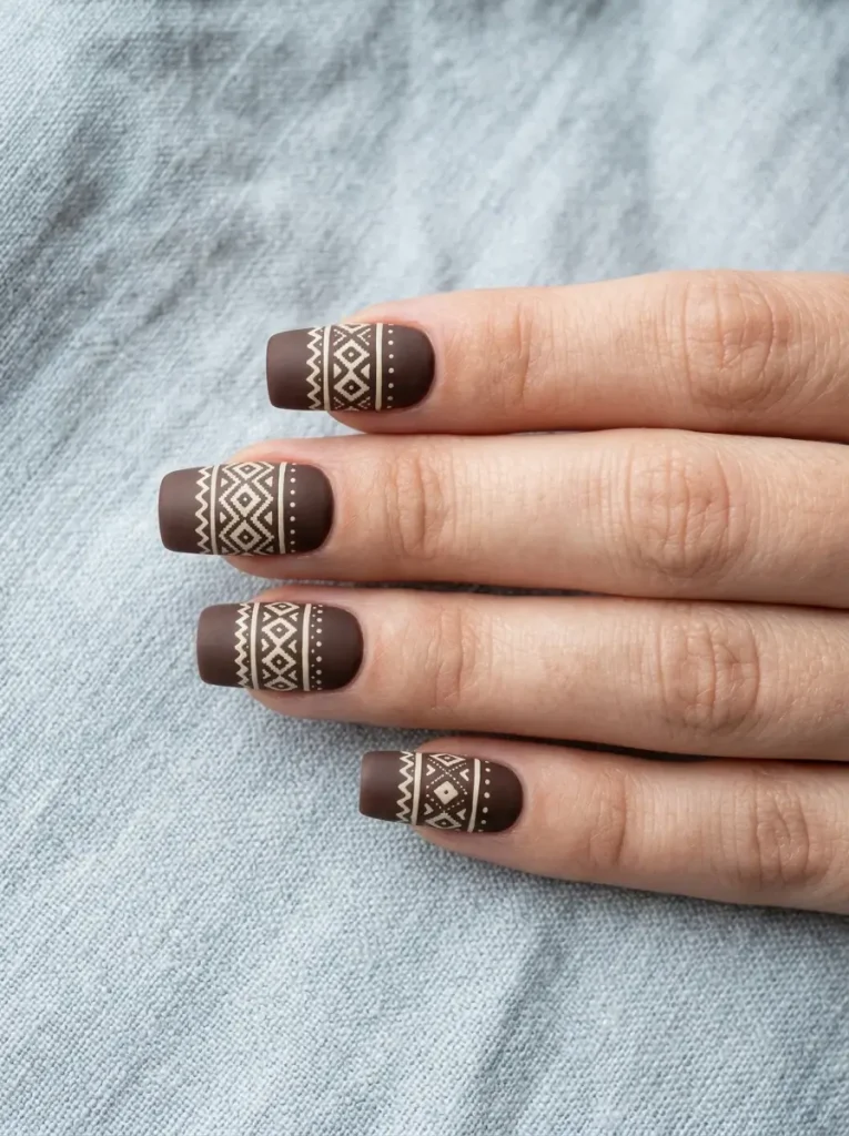 Brown fair isle fall nails with a cream motif band on a chocolate base