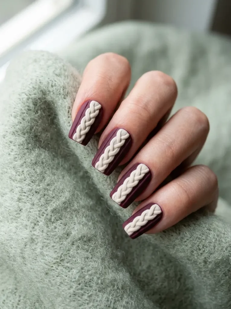 Burgundy cable knit nails with cream cabling over a deep wine base