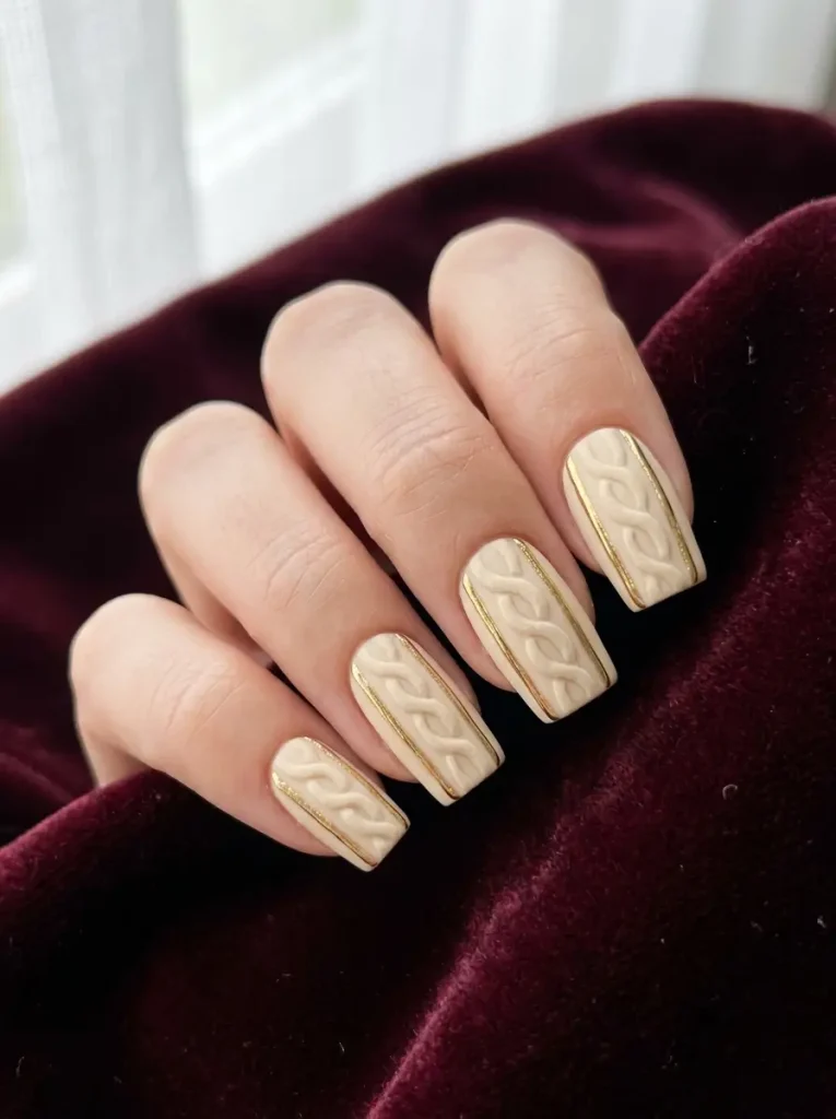 Cable knit Christmas nails in cream with fine gold detailing
