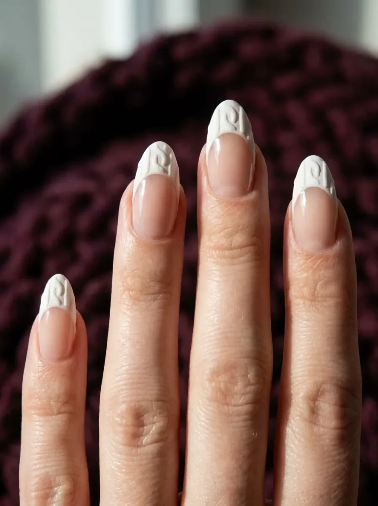Cable knit French tip nails with textured white tips over a sheer nude base