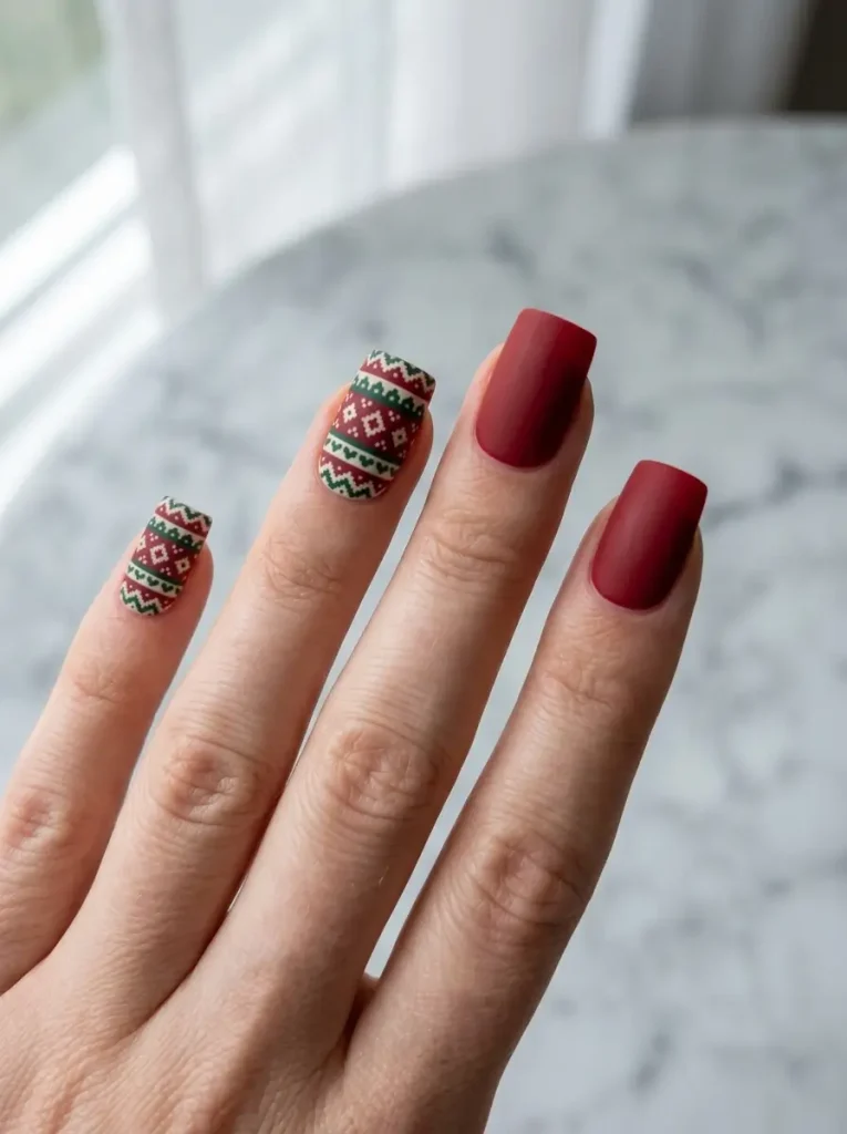 Christmas sweater nails with red and green fair isle motifs on two accent nails