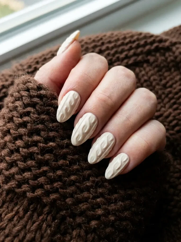 Classic cream cable knit nails with a single twisted cable down each nail