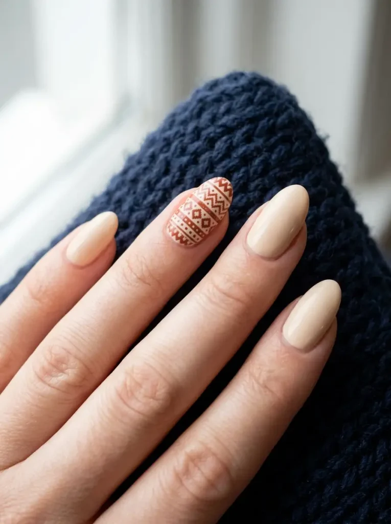 Fair isle accent nail in cream and rust alongside four solid neutral nails