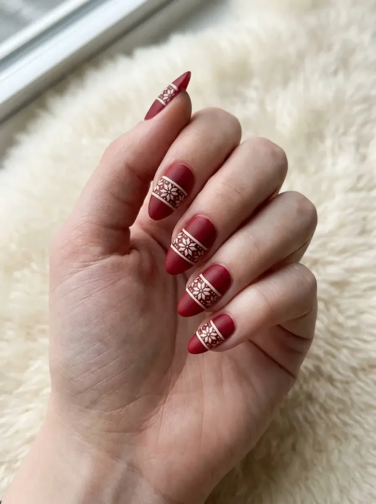 Fair isle snowflake nails with a cream snowflake band across a deep red base