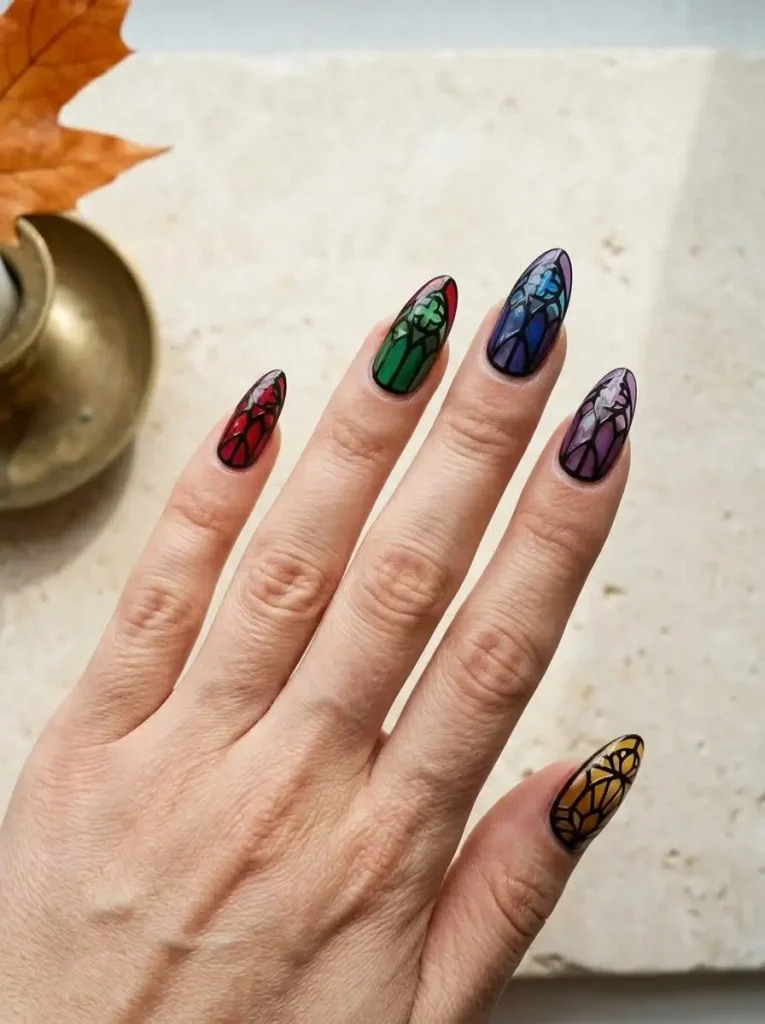 Almond nails with ruby, emerald, sapphire and amethyst jelly panels outlined in black like stained glass, on a light skin tone