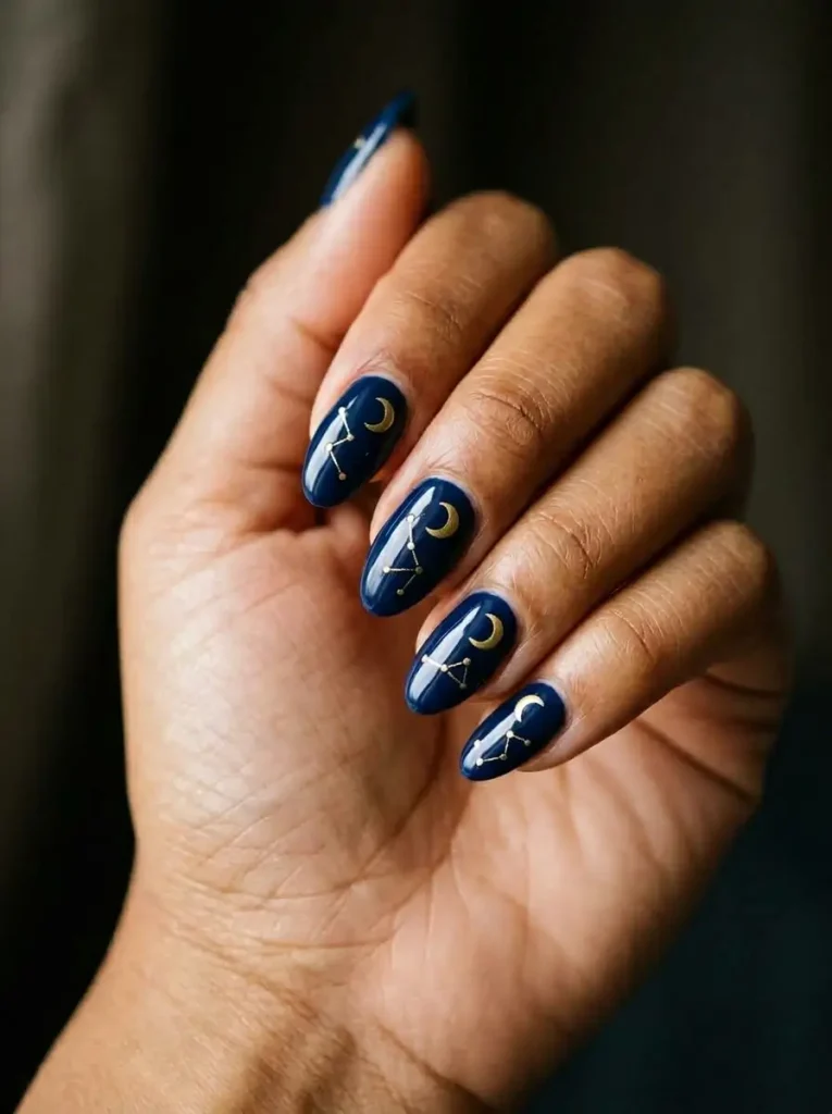 Deep navy blue almond nails with gold crescent moons and delicate constellation designs