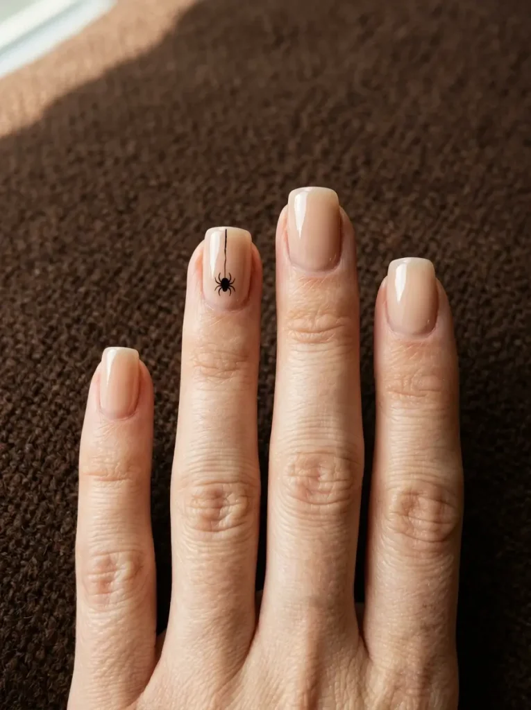 Short squoval nails with a sheer nude base and a tiny black spider hanging from a thread on one nail, on a light skin tone