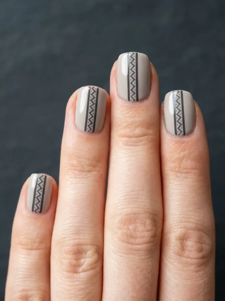 Minimal nordic stripe nails with one fine charcoal line running the length of a soft greige base