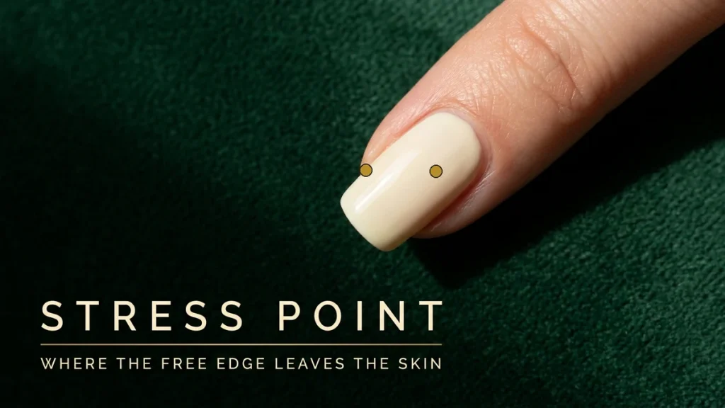 Macro of a nail marked with two gold dots at the stress points, where the free edge leaves the skin at each sidewall