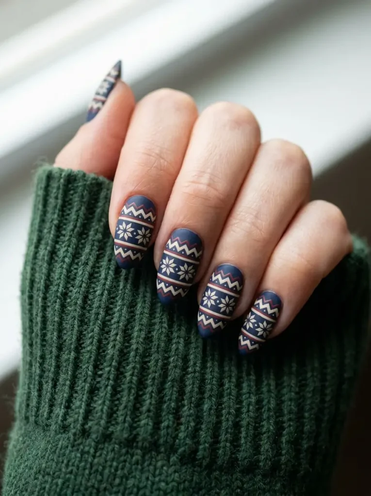 Nordic ski sweater nails with stacked zigzag and star motifs