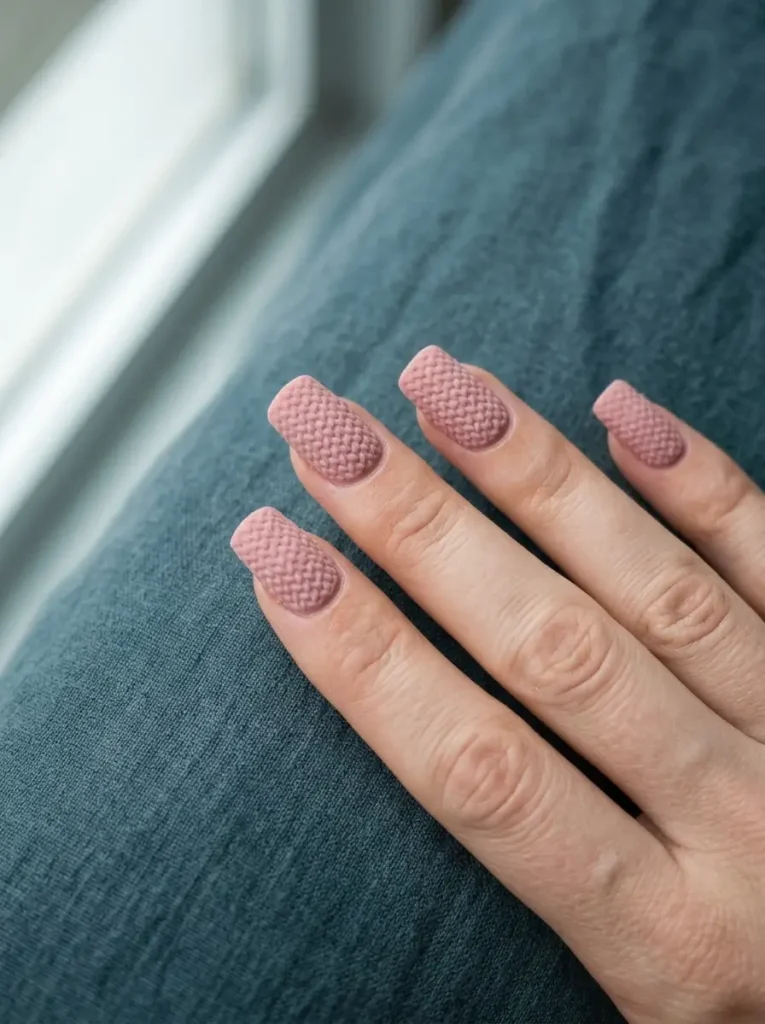 Dusty rose pink sweater nails with a soft raised knit texture