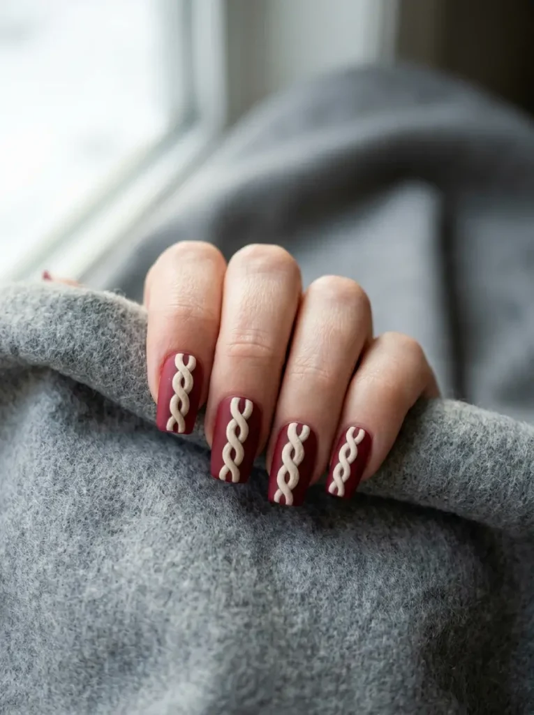 Red cable knit nails in a deep blue toned red with cream cabling