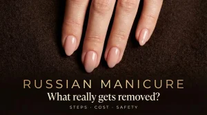 Russian manicure with nude gel applied right up to a clean cuticle line