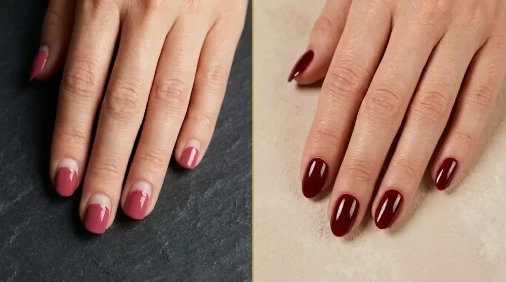 Side-by-side comparison of a grown-out regular gel manicure with a gap at the cuticle and a Russian manicure with no gap