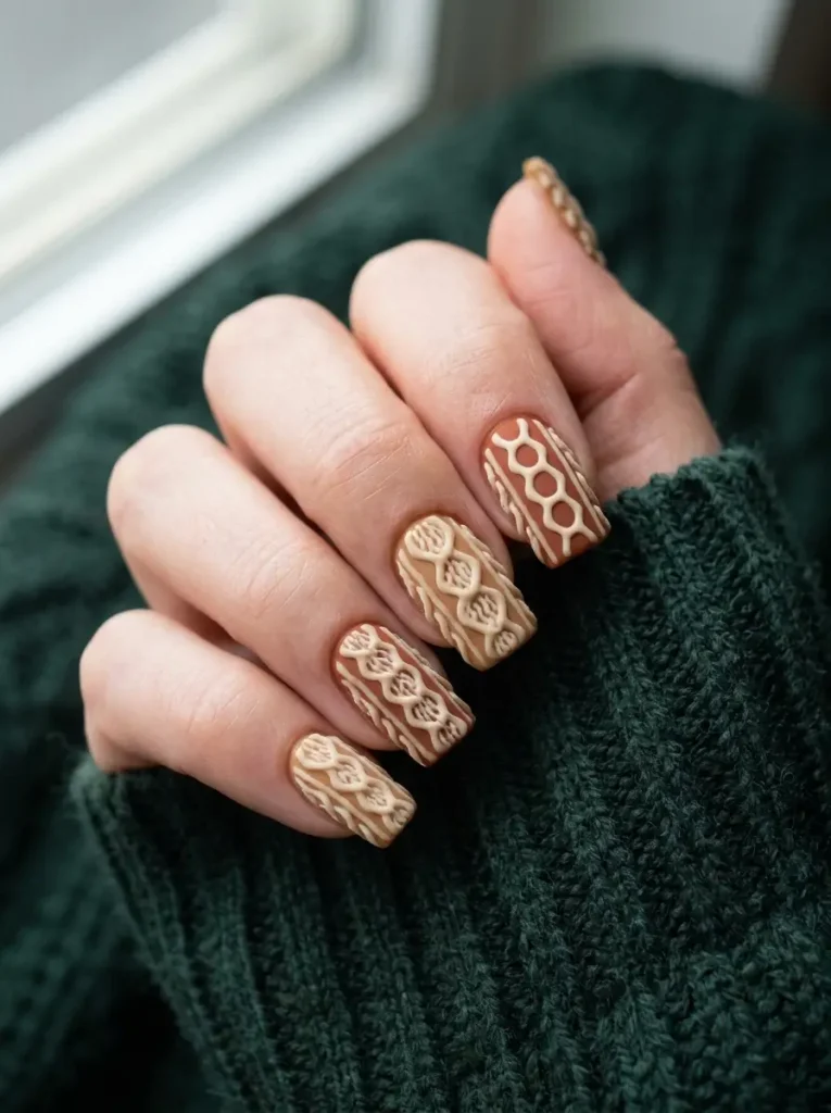 Rust and caramel sweater nails with cream cable detailing for fall