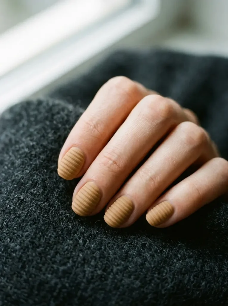 Short sweater nails with fine horizontal ribbing instead of a vertical cable
