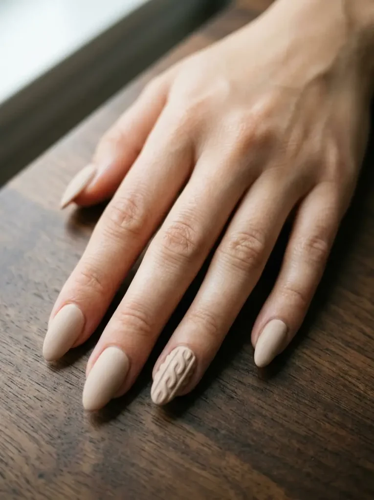 Single accent cable knit nail with four solid matching nails alongside