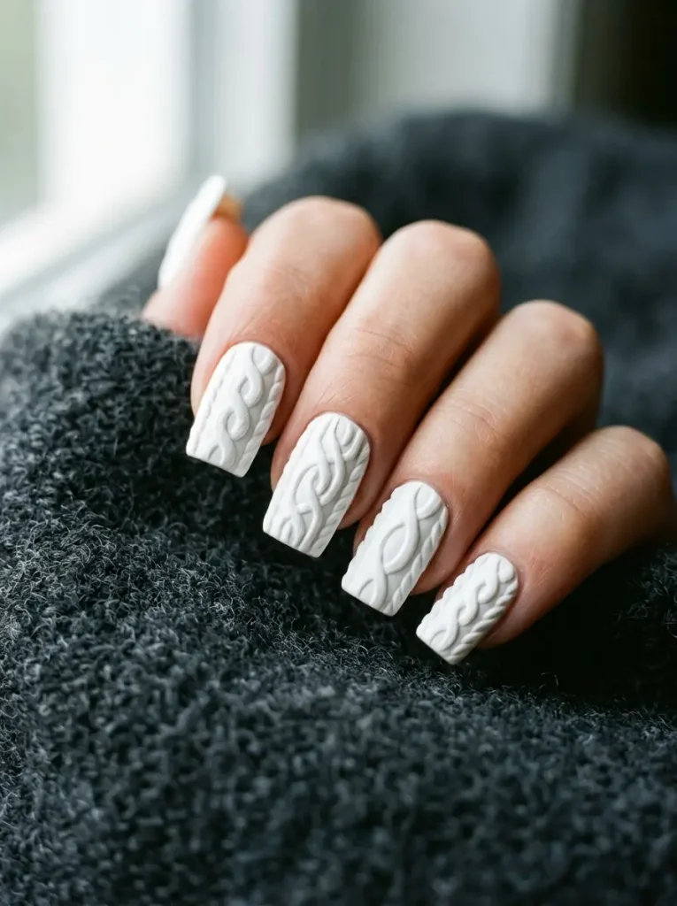 Snow white winter knit nails with heavy matte texture