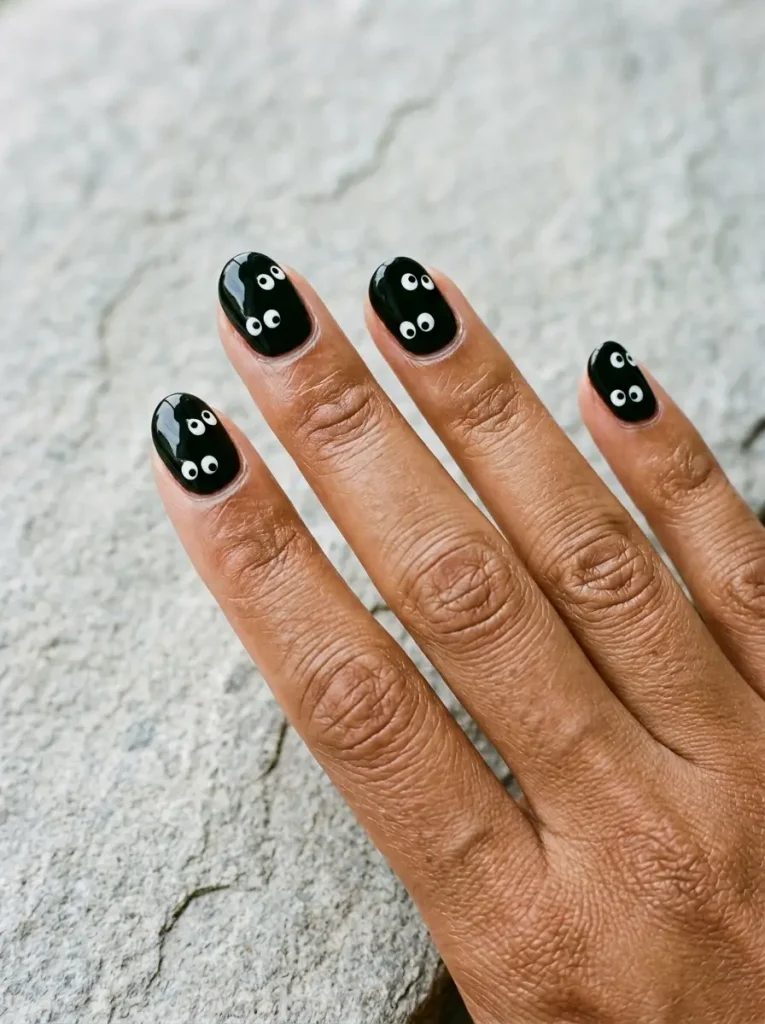 Short black oval nails covered in small white cartoon eyes with black pupils, on a tan skin tone against light gray stone