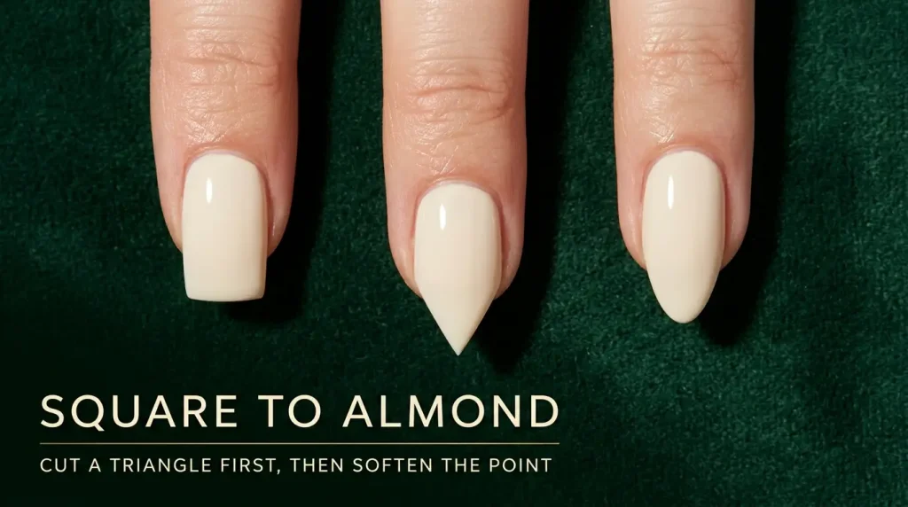 Three nails side by side showing the square to almond sequence — a square tip, then filed to a sharp triangle, then softened into an almond point