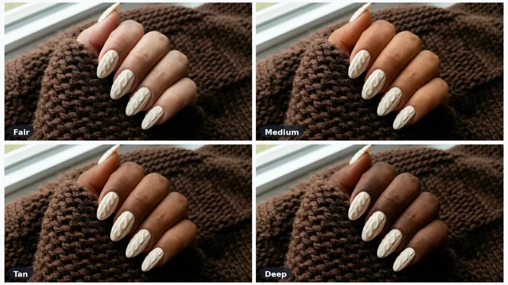 The same cream cable knit sweater nail design shown across fair, medium, tan and deep skin tones