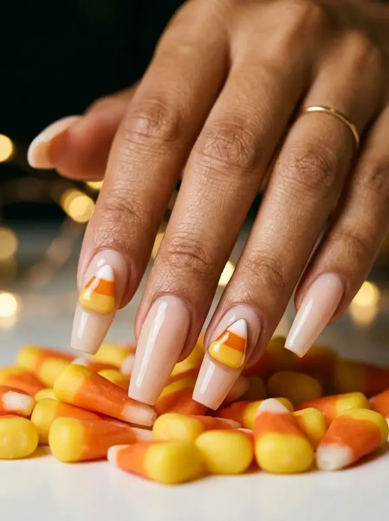 Long coffin nails in milky nude with a raised 3D candy corn on two nails, on a tan skin tone