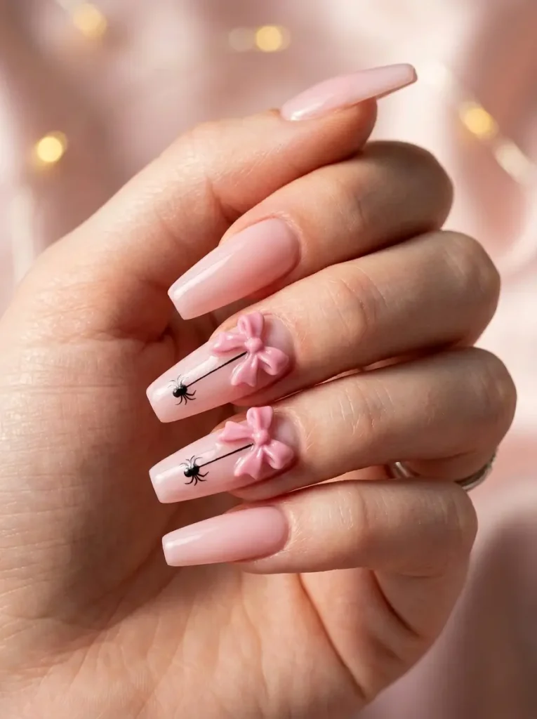 15 Pink Halloween Nail Designs for 2026, From Cute to Spooky 4 Coffin nails in milky pink with raised 3D pink bows on two nails and a tiny black spider hanging from each, on a fair skin tone