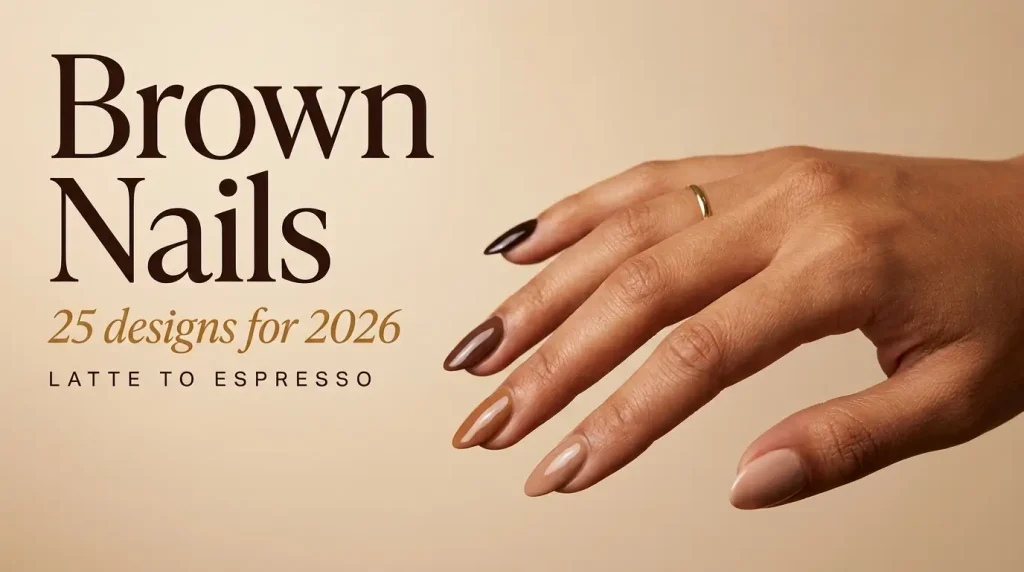 25 brown nail designs for 2026 cover, a hand with five brown shades from latte to espresso, on a tan skin tone
