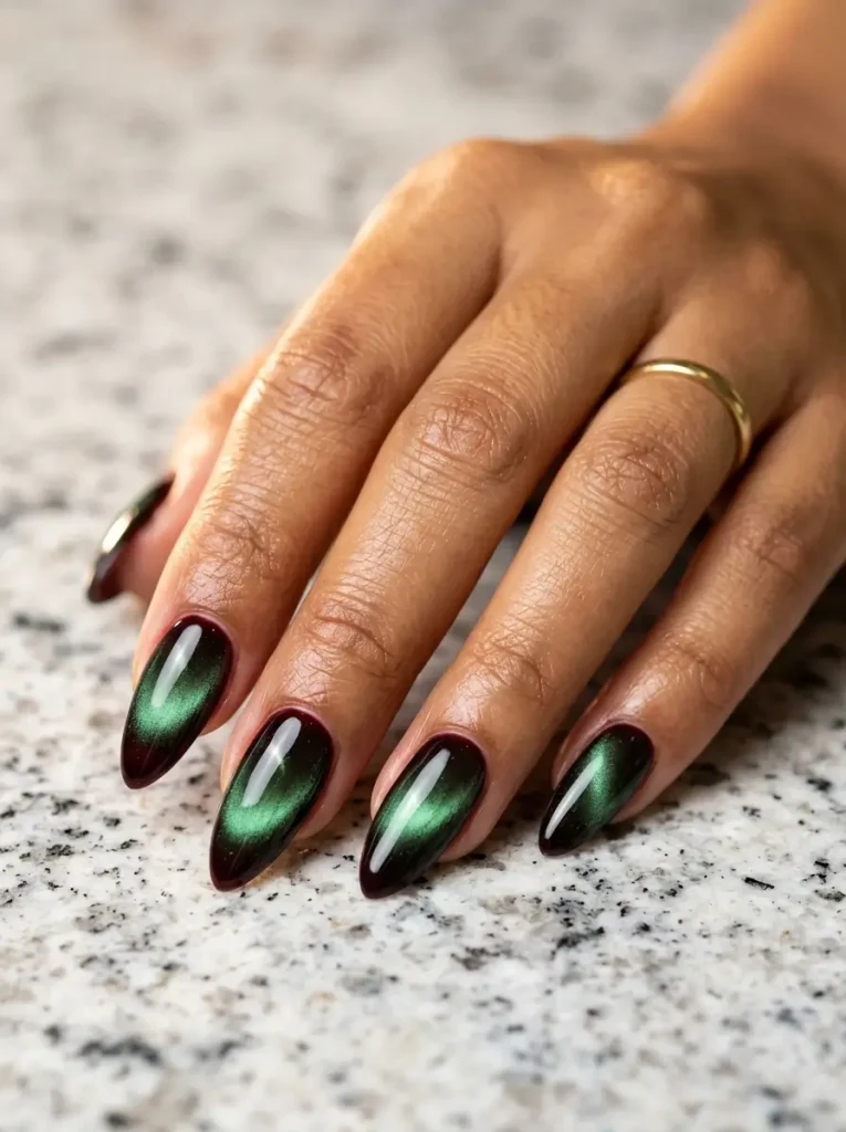 Long almond aurora cat eye nails with a black cherry base and a soft emerald green flash across every nail, on a medium skin tone