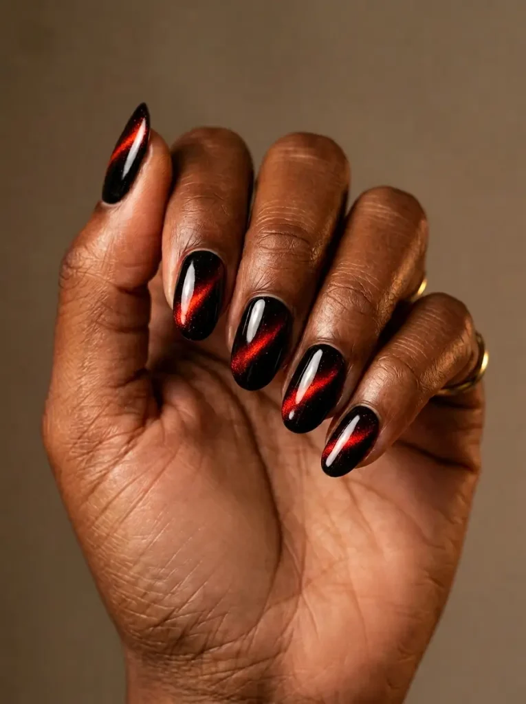 Medium oval nails in black cat eye gel with a glowing red shimmer band, on a deep skin tone