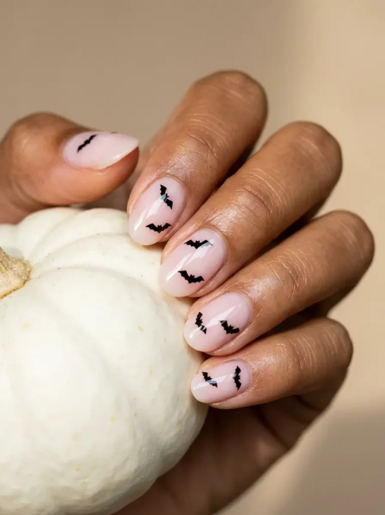 Medium round nails with a milky pink base and tiny black bats, on a tan skin tone