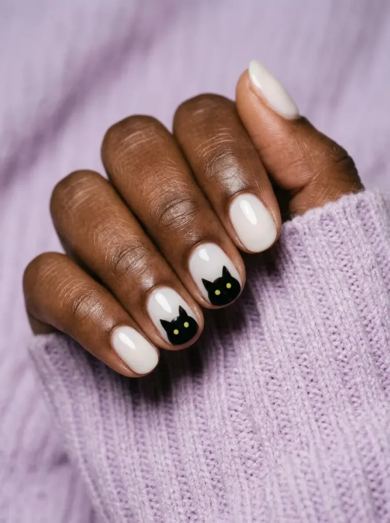 Short oval nails with a milky white base and little black cat faces with yellow eyes, on a deep skin tone