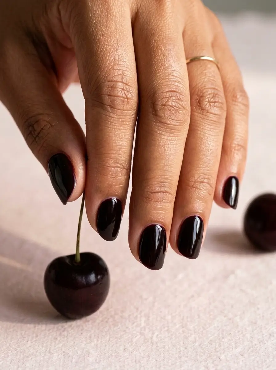 18 Fall Nail Colors for 2026, From Taupe to Navy 8 Black cherry red glossy short almond nails, on a tan skin tone