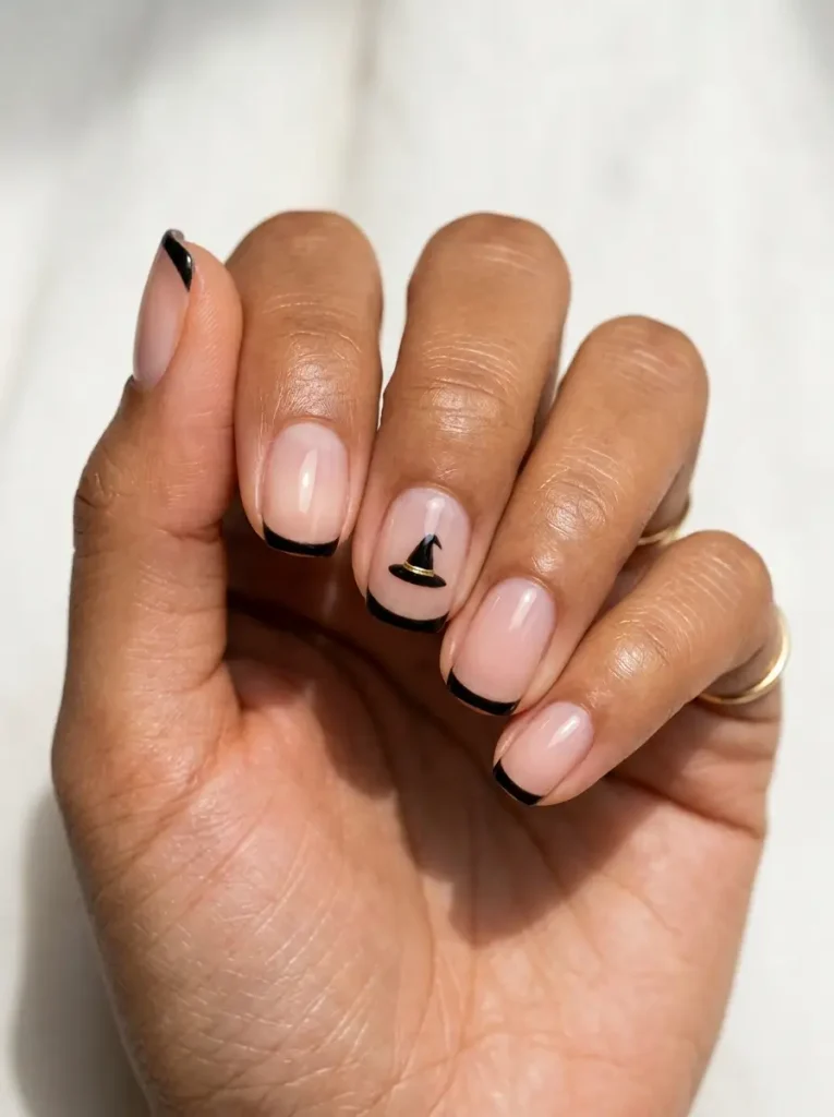 15 Witchy Nail Designs for 2026, From Gothic to Green Witch 11 Short squoval nails with thin black French tips on a sheer nude base and one tiny witch hat accent, on a tan skin tone