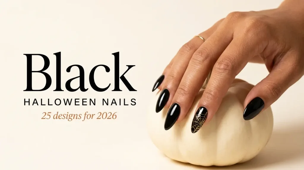 Black Halloween nail designs 2026 cover, glossy black almond nails with a gold web accent on a white pumpkin, tan skin tone