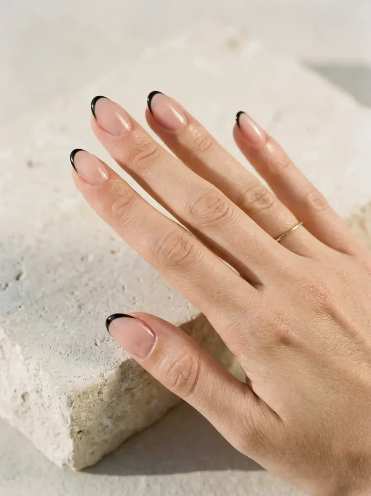 Medium almond nails with a sheer pink base and a hairline black French tip on every nail, glossy finish, on light skin