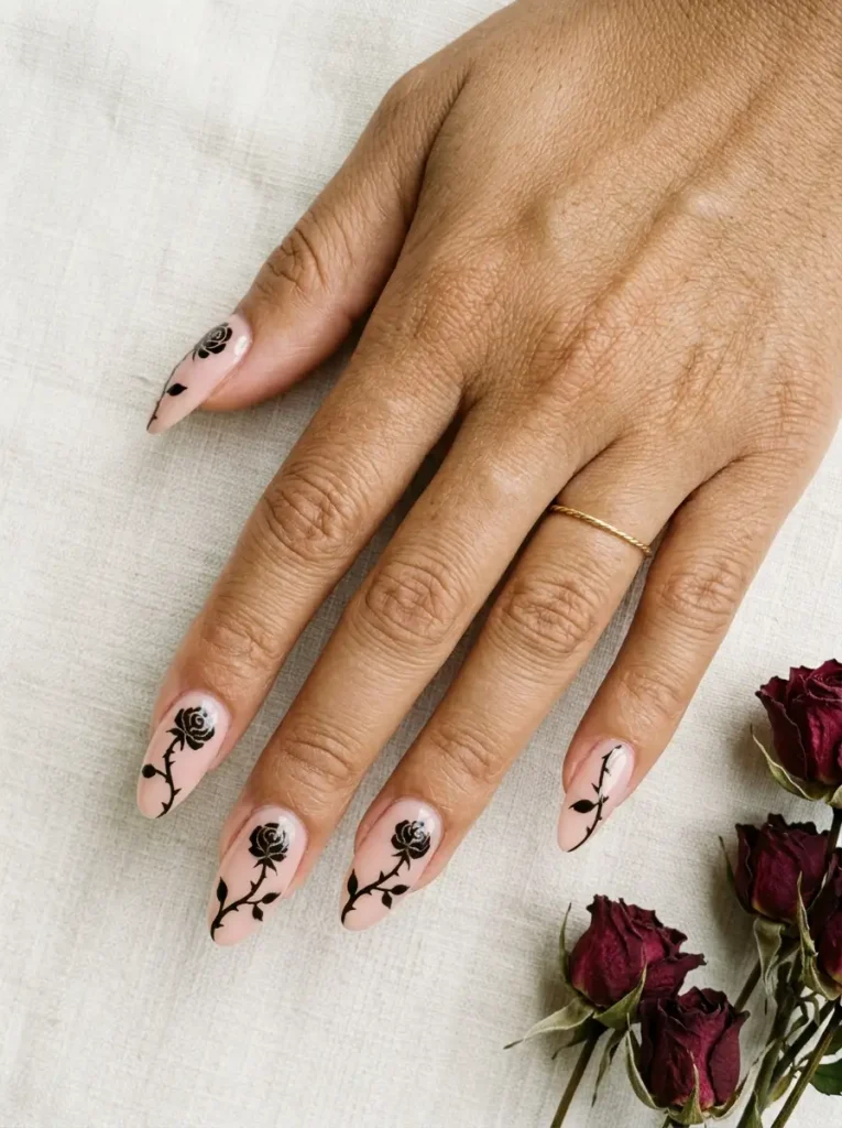 Long almond nails with a soft blush base and hand-painted black roses with thorny stems, on a medium skin tone