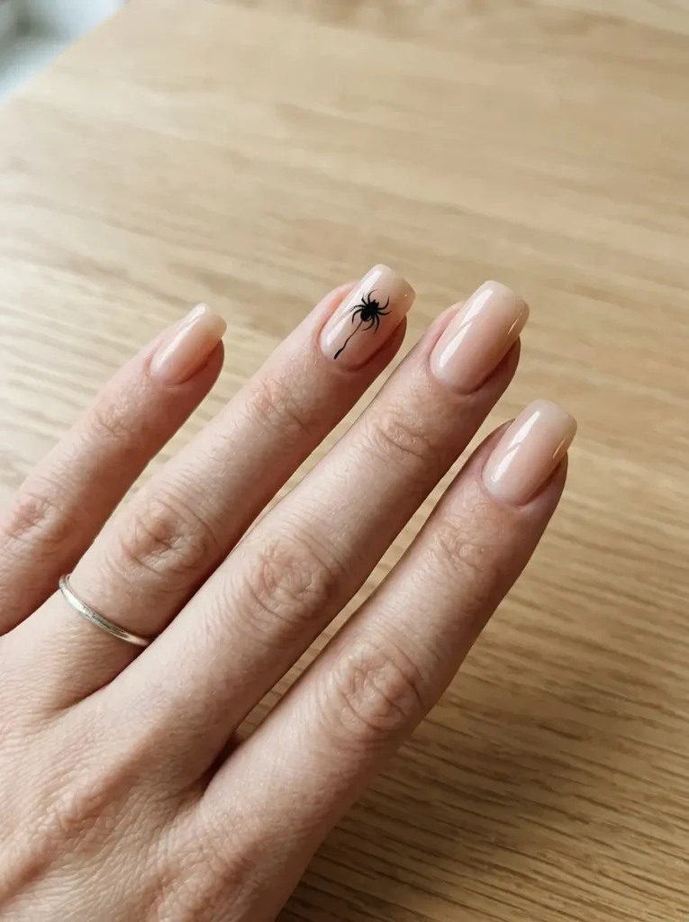Medium squoval nails with a sheer nude base and one tiny black spider hanging from a thread, on a light skin tone