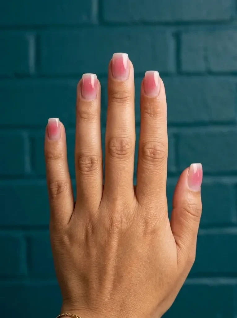 Short square nails with a blush pink aura glowing at the center of each nail and fading to sheer at the edges, on tan skin