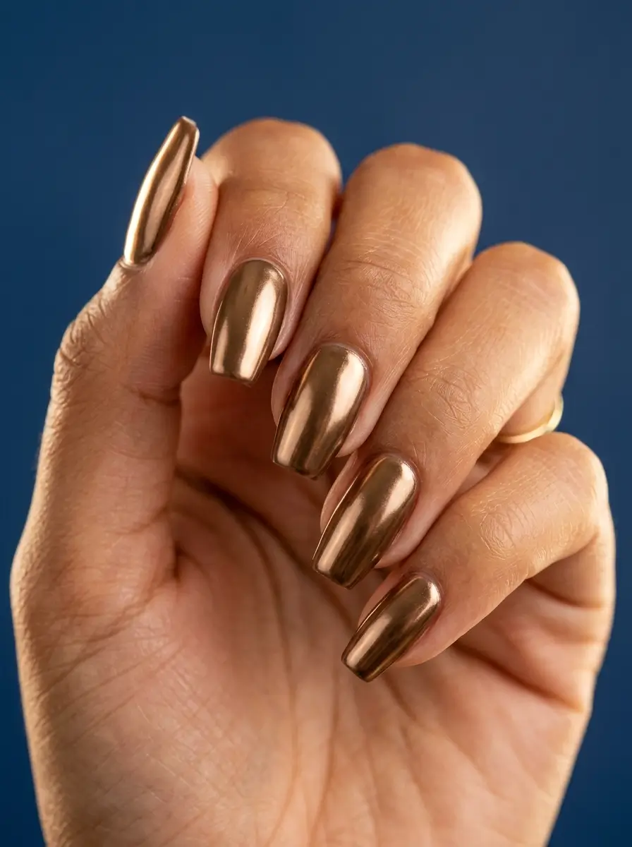 18 Fall Nail Colors for 2026, From Taupe to Navy 18 Bronze chrome long coffin nails with a brown-gold metallic finish, on a tan skin tone