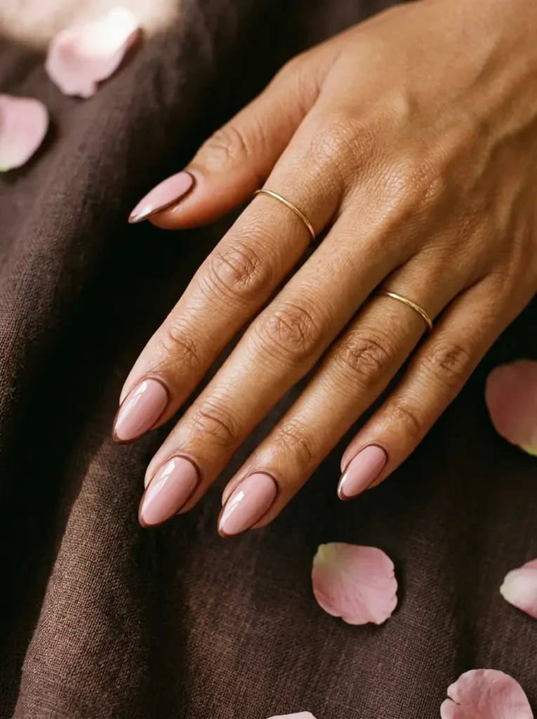 Medium almond nails in dusty rose pink outlined in fine chocolate brown, on a tan skin tone