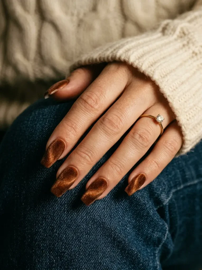 Medium coffin nails with an amber brown velvet cat eye finish and soft spread shimmer, on a light skin tone