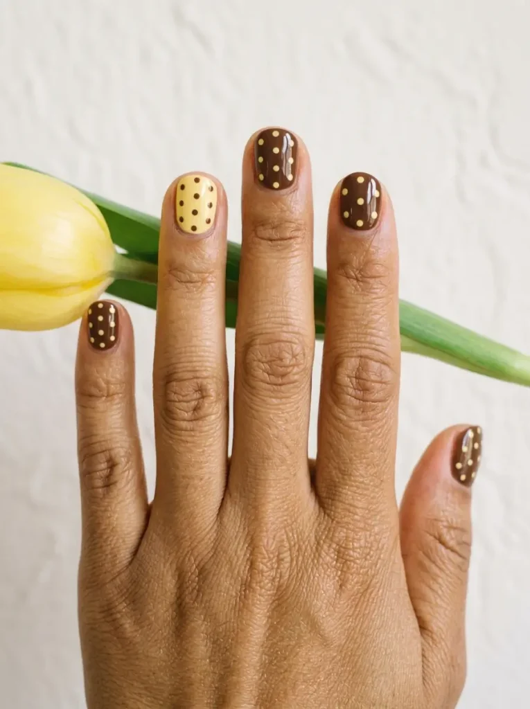 Short round nails in chocolate brown with butter yellow polka dots and one reversed nail, on a medium skin tone